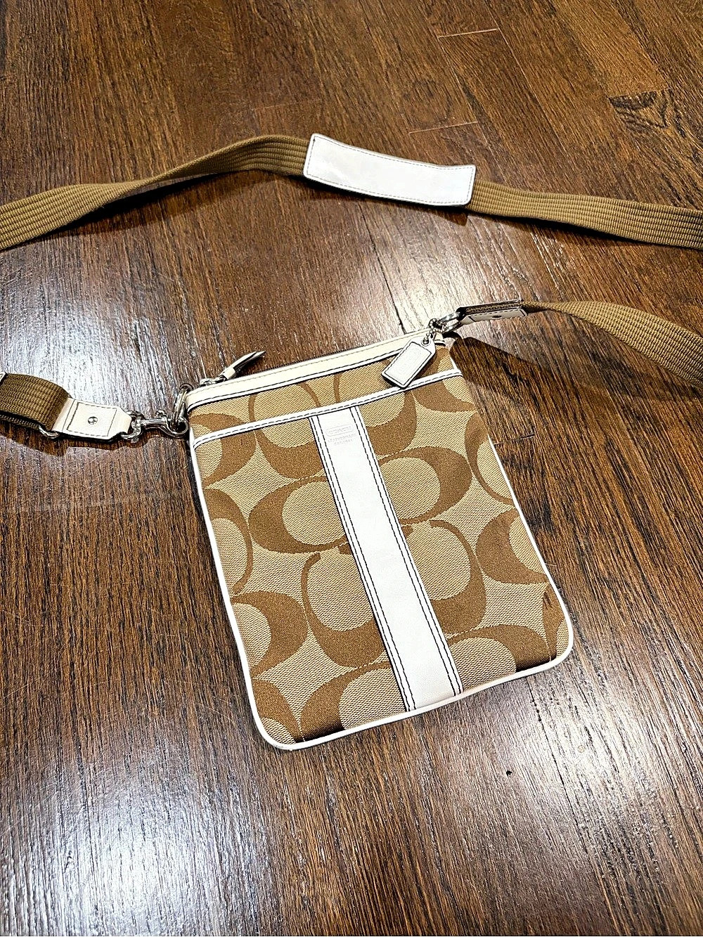 Coach Signature Stripe Swingpack Brown & White Crossbody Bag